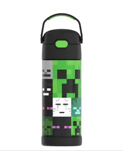Minecraft Stainless Steel Funtainer Water Bottle with Straw, 14oz Capacity - Lid, Drinkware Flasks Kids