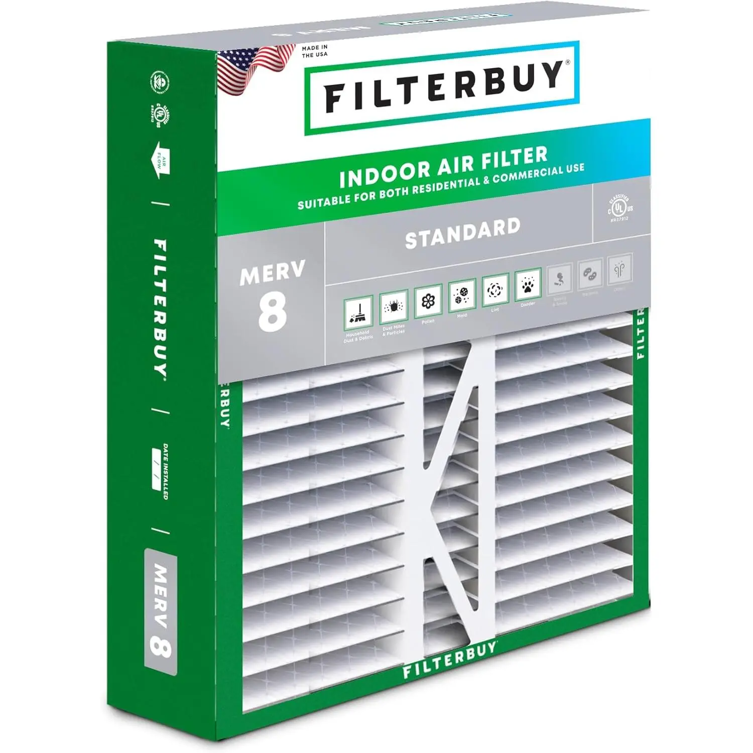 Filterbuy 20x20x5 Eco-Friendly Electrostatic Charge Pleated Air Filter (1-Pack) - MERV 8 Rating Synthetic Fiber HVAC AC Furnace Filter for Honeywell FC100A1011, Lennox X0585 & More
