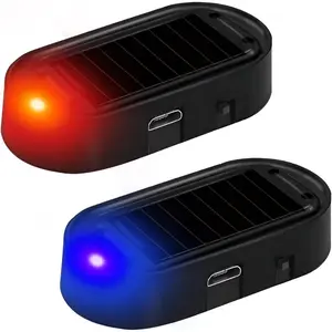 2PCS Car Solar Power Simulated Dummy Alarm, Anti-Theft Car Warning Light Fake Lamp with Light Sensor, Automotive Interior LED Flashing Security Lights with USB Charger Port (Blue+Red)