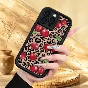 Leopard print red cherry pattern, anti drop and anti slip TPU all inclusive lens phone protective case, suitable for iPhone 17, 16, 15, 14, 13, 12, 11 XS X and other series models, can be given as a gift to friends or family
