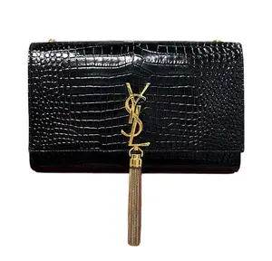 Pre-owned Yves Saint Laurent Leather Shoulder Bags Saint Laurent Monogram Kate Tassel Medium Black Croc Embossed Shoulder Bag