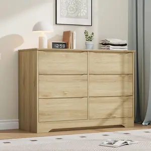 Wooden Chest of Drawers with 6 Drawers, Tall Modern Cabinet with Deep Storage, Large Chest of Drawers with Wide Top, Long Storage Chest of Drawers for Bedroom, Living Room, Hallway, Children's Room, Nature