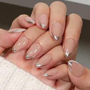 Simple French Tip Press-On Nails | Almond Shape | Silver Glitter