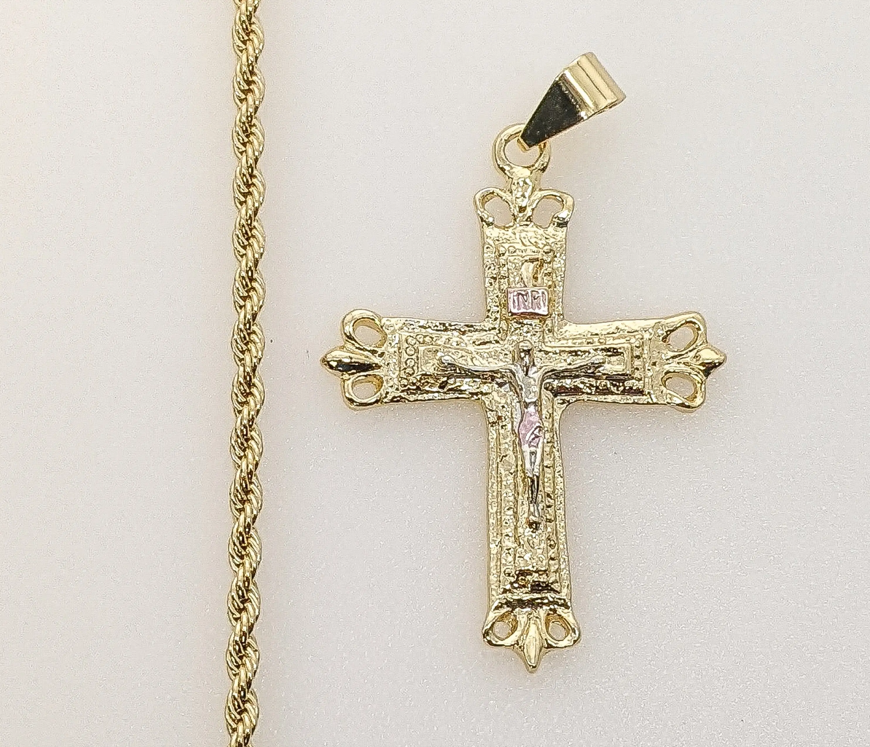 Plated Tri-Color Cross 3mm Rope/Braided Chain Necklace
