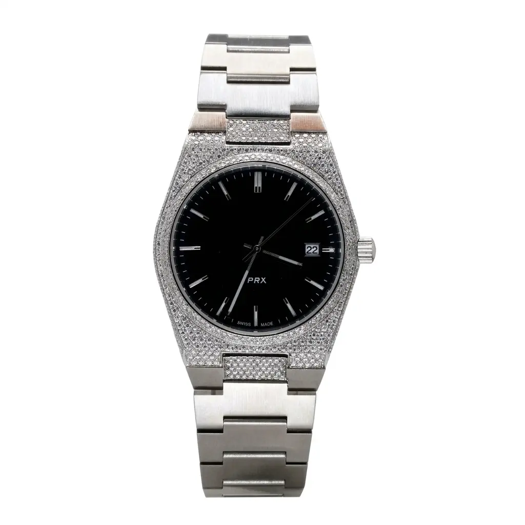 Men's Hip-Hop Luxe PRX-Style Watch, 4.67ct Pavé Moissanite, Iced Out Stainless Steel Quartz Wristwatch with Crystal Bezel, Black Dial, Diamond-Look Bracelet, Date Display for Special Events