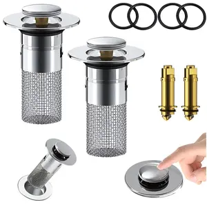 2pcs Premium Copper-Core Stainless Steel Pop-Up Drain Strainer Set for Bathrooms| Easy Snap-On Replacement Plug for Unclogging| Universal Fit for American-Style Sinks, Bathtubs, Showers, and Floor Drains, Includes 4 Spare Rubber Gaskets.