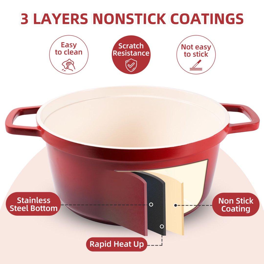 Enameled Cast Iron Dutch Oven Pot with Lid 2.5 QT Covered Casserole Dish for Braising Baking Roasting Soup Cookware Even Heat Distribution Multi Purpose Cooking Red Finish braiser pan