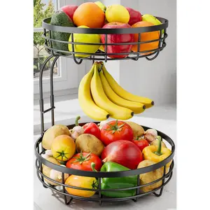 2-Tier Black Rust-Proof Metal Fruit Basket for Kitchen Counter - Large Capacity Detachable Banana Hanger, Home Organizer Storage Holder for Fruits, Vegetables, Bread, 10" D x 10" W x 14" H