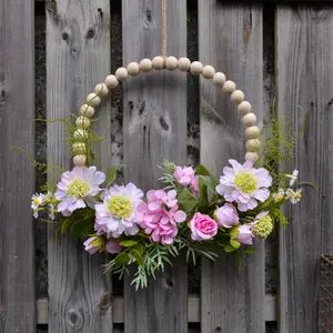 Spring Summer Decorative Wreath, Rustic Wooden Bead Wreath, Artificial Flower Wreath, Hanging Decoration, Perfect for Weddings Parties Anniversaries, Ideal Gift for Women Girls