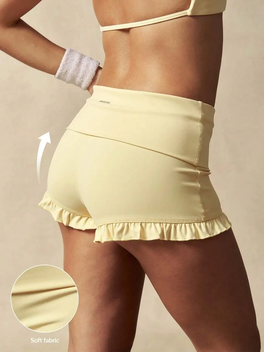 Women's Solid Color Ruffle Hem Sports Shorts, Summer