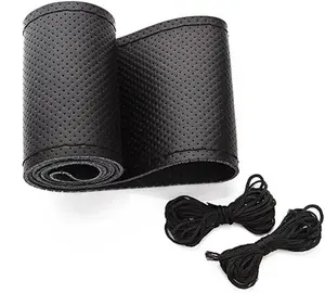 Universal Leather  Steering Wheel Stitch On Wrap Cover DIY Sewing Breathable and Anti Slip, Maximum for 15-Inch Diameter  Steering Wheel (Black)