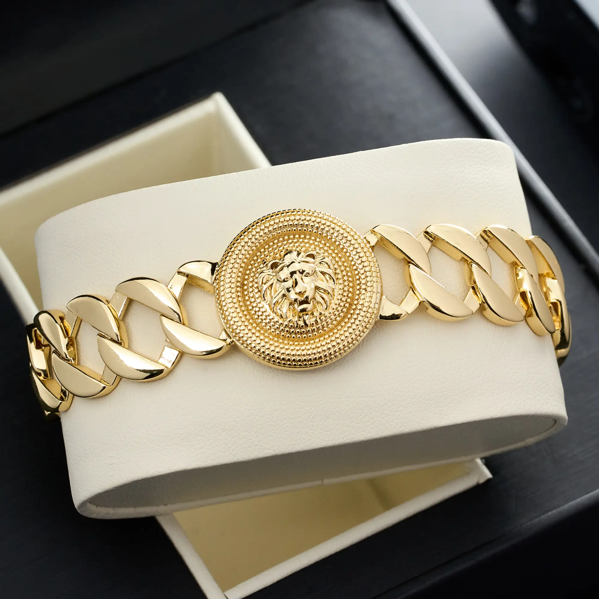2-Tone Lion Head Copper Bracelet, Luxury Cuban Link Chain, Secure Fold Clasp, Symbol of Courage & Leadership, Men's Fashion Jewelry for Business, Birthday Christmas and Halloween Gifts