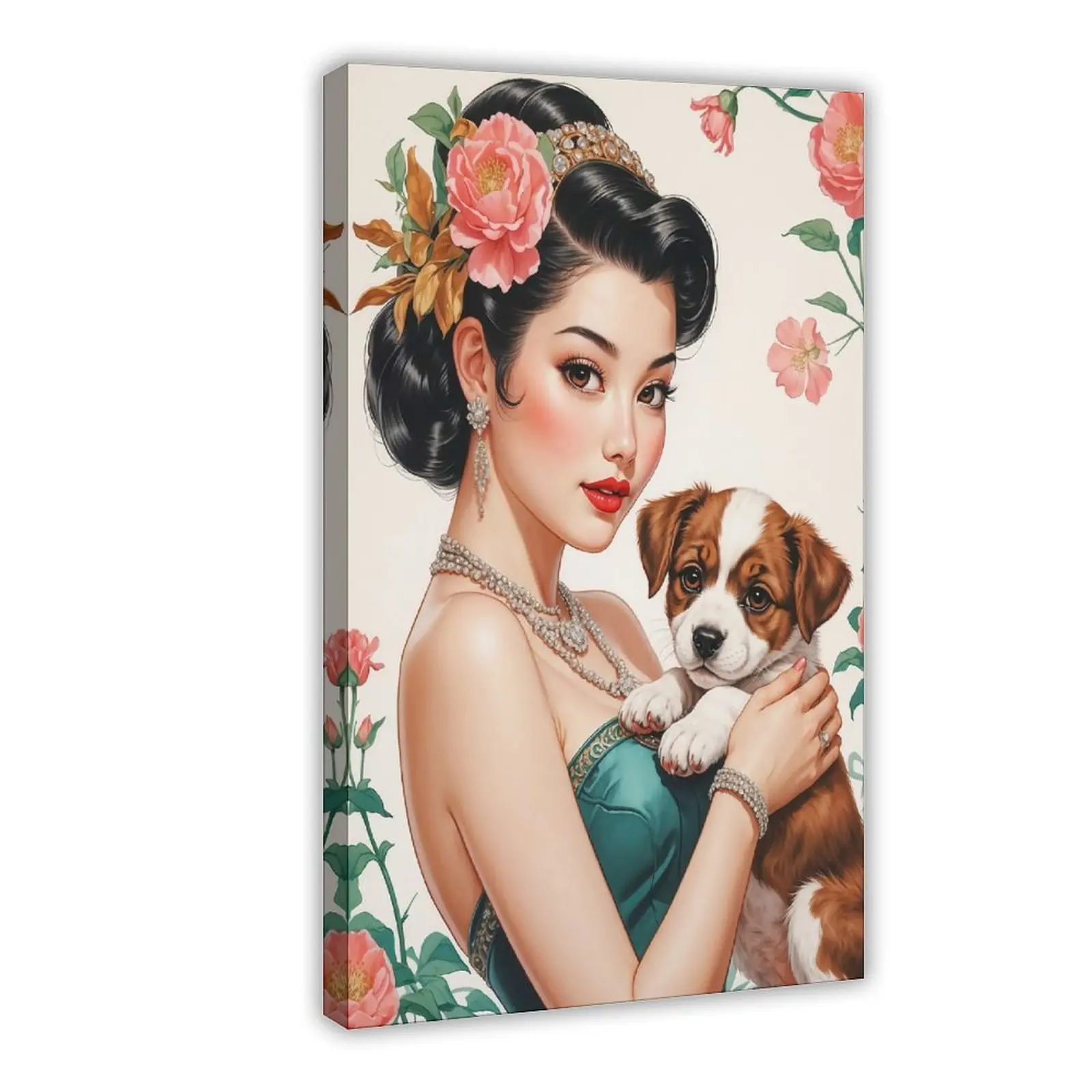 Vintage Elegant Asian Pin-Up with Puppy Canvas Poster Wall Art for Home Bedroom Office Dorm Room Decor