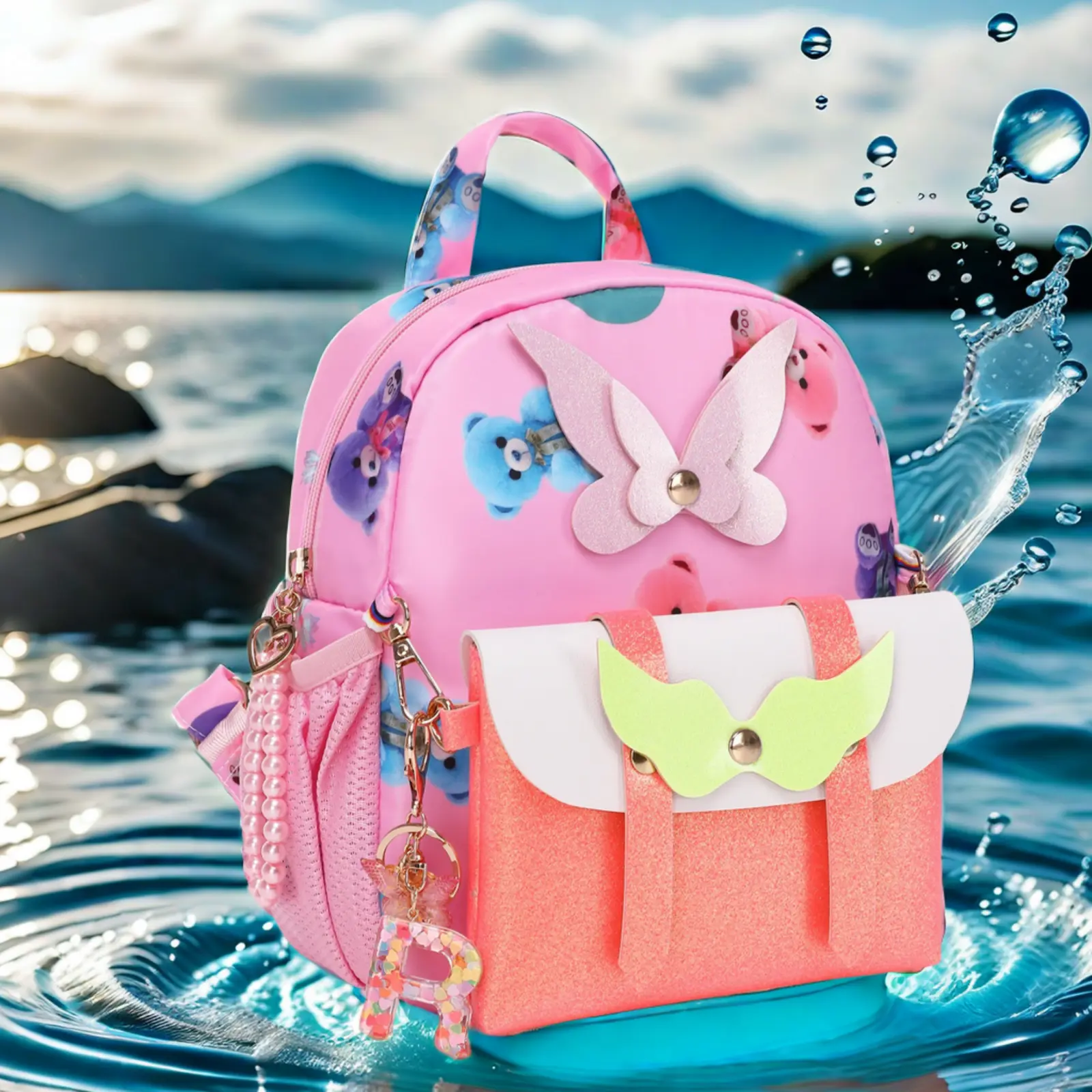 Children's BackpackGirls' Crossbody Bag, 2-in-1 Girls' Bag, Detachable PU Leather Shoulder Bag, Backpack with Butterfly Charm and Number R, Waterproof Large Capacity Pink Bear Backpack，  Rainbow Bag, Adjustable Backpack, Cute Versatile Backpack