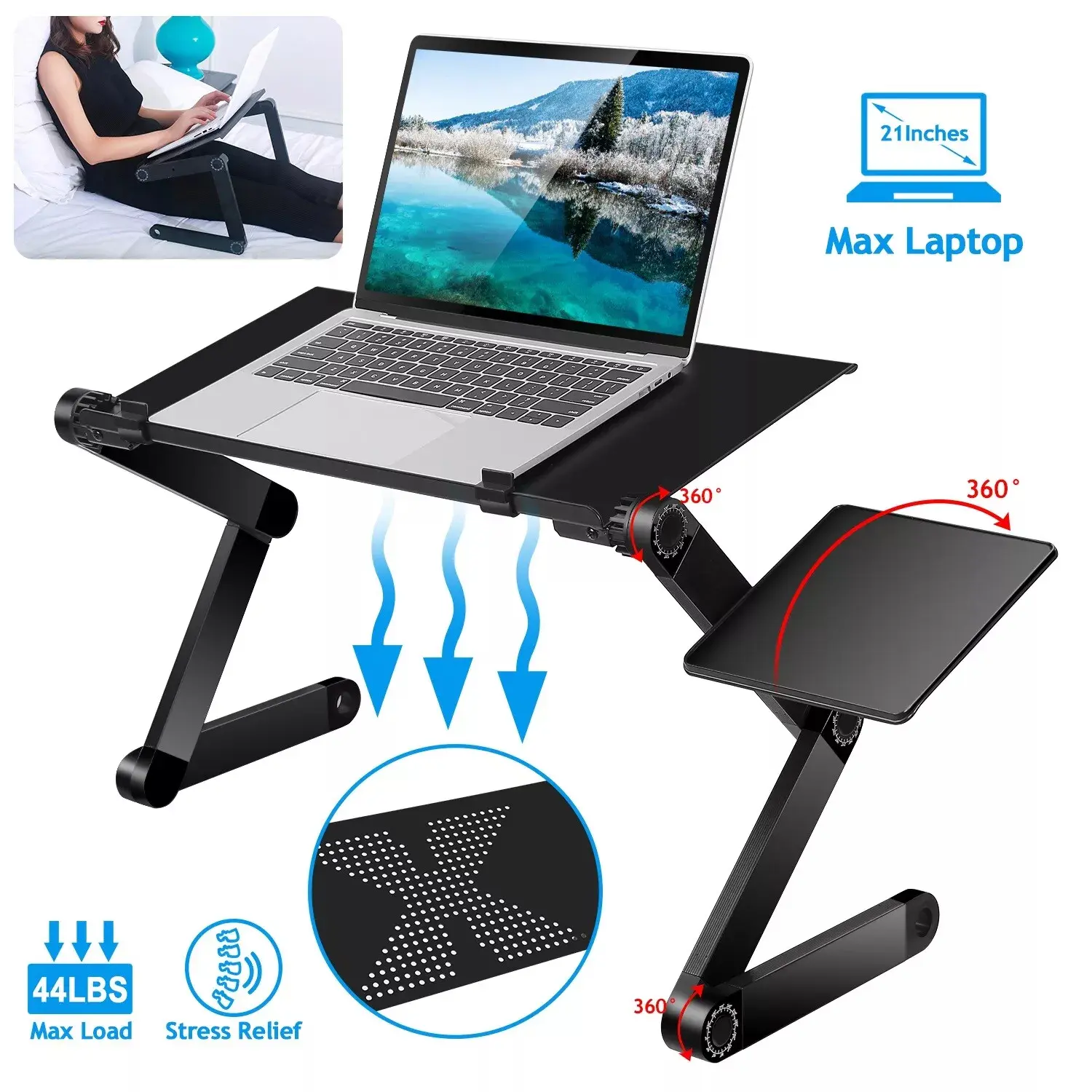 Laptop Bed Desk, Portable Foldable Laptop Table, Lap Desk Tray Table , Storage Drawer and Cup Holder, for Bed/Couch Working, Reading