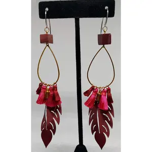 Burgundy Leaf and Fringe Teardrop Earrings - 4 1/2" Length, Brass Hoops, Surgical Steel Ear Hooks, Casual Unisex Accessory