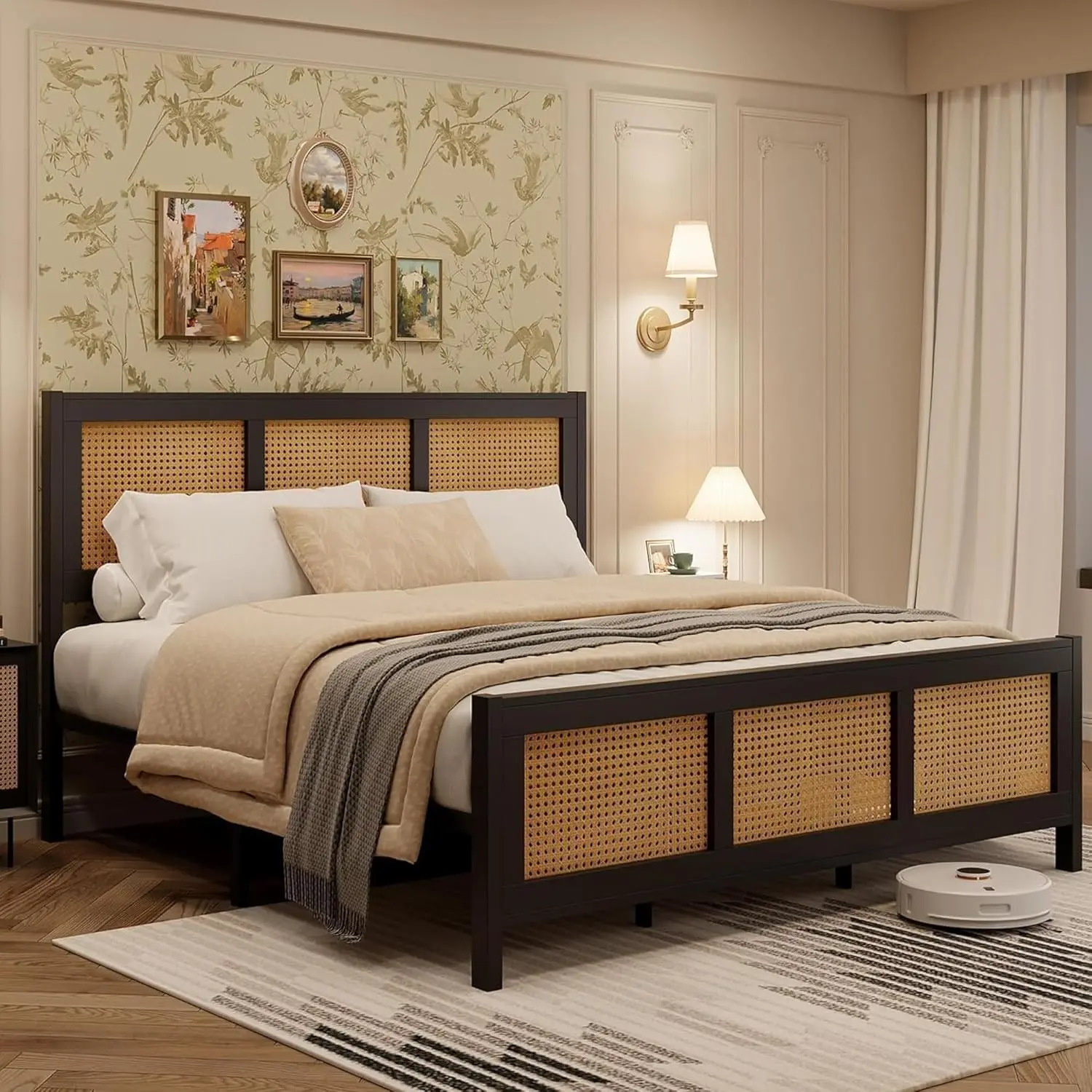 King Size Bed Frame with Headboard, Bohemian Rattan Platform Bed Frame with Strong Metal Slats Support, No Box Spring Needed, Noise-Free Design, Black