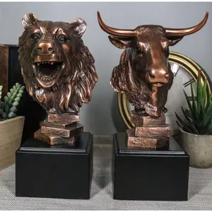 Stock Market Roaring Bear And Bull Bust Bronze Electroplated Resin Figurines Set