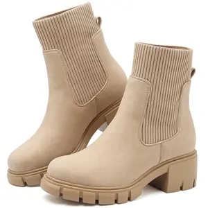 Women Platform Chelsea Boots Fashion Elastic Ankle Booties Lug Sole Chunky Block Heel Leather Fall Boots Ladies