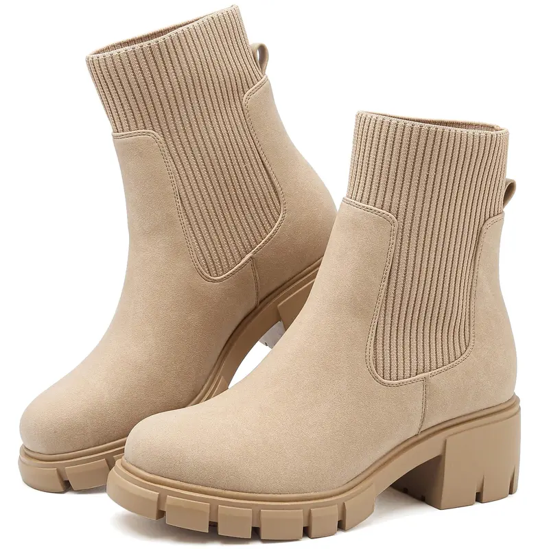 Women Platform Chelsea Boots Fashion Elastic Ankle Booties Lug Sole Chunky Block Heel Leather Fall Boots Ladies