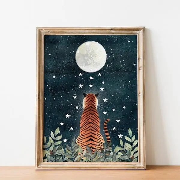 Tiger Stargazing Art Print: Night Jungle Illustration, Kids Room Decor
