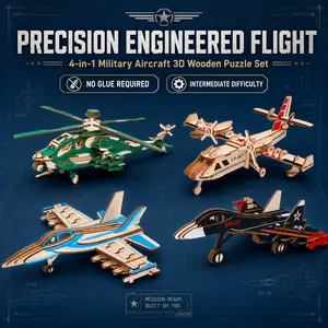 Aircraft Themed 3D Wooden Puzzle Set, 4 Different Plane & Helicopter Models, DIY Assembly Craft, Laser-Cut Eco Wood, No Glue Needed, Educational & Decorative, for Hobbyists & Collectors, Home Display & Leisure Time