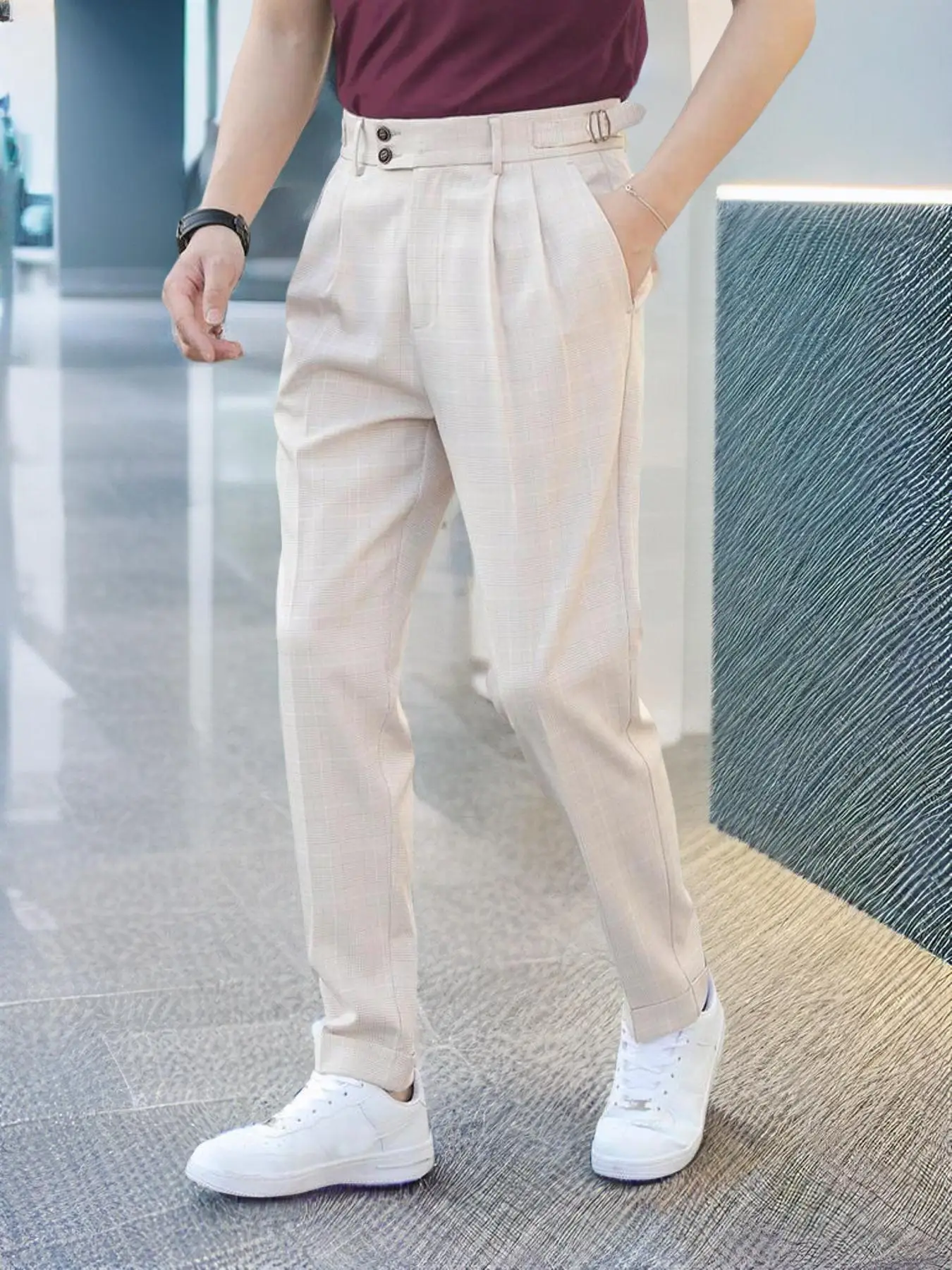 Men's Plaid Print Button Plicated Suit Pants, Regular Fit Casual Pocket Trousers for Spring Summer Fall, Fashion Men's Bottoms for Work Office Busines