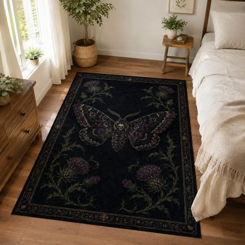 Skull Moth Area Rug, Gothic Botanical Rug, Thistle Floral Decor Carpet