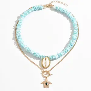 Layered Turquoise Blue Beaded Choker Necklace for Women, Gold Link Chain Sea Turtle Pendant, Natural Cowrie Shell Charm Multi Strand Boho Summer Beach Vacation Jewelry