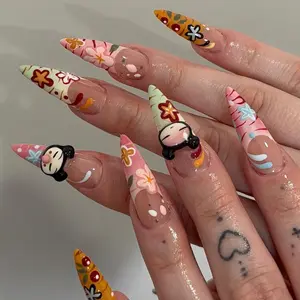 Cartoon Floral Press On Nails | Hand Painted Almond Nails | Character Design Statement Set