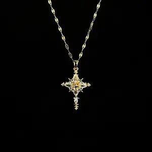 American Men's Cross Pendant Necklace with Full Cross Star Inlay, Light Luxury, High-end, Versatile Collarbone Pendant, Trendy Necklace A10020-XL