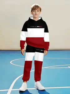 Boys' Fashion Hooded Zipper Sweatshirt Hoodies Casual Set, Classic Colors, Simple Letter Print, Outdoor Travel Essential