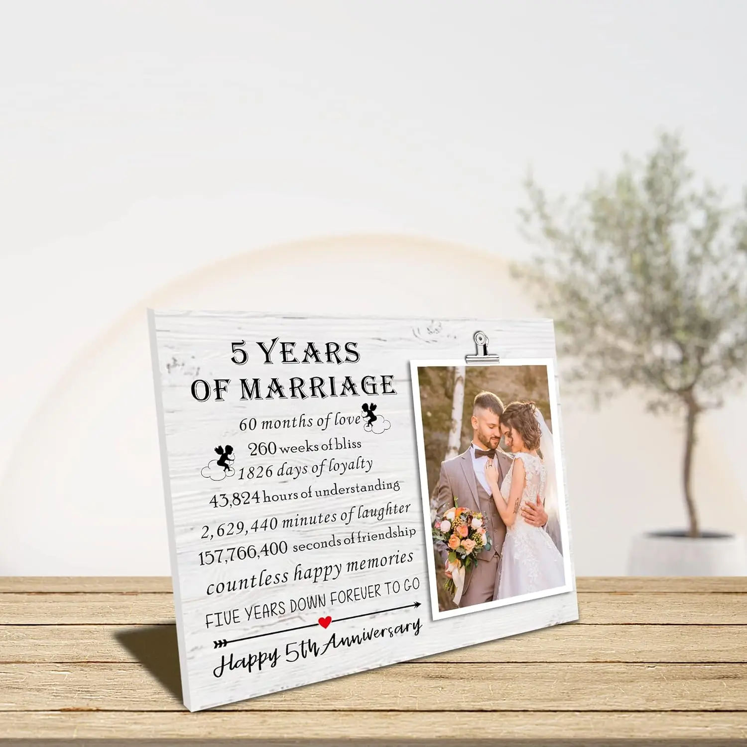 Happy 5th Anniversary Picture Frame, Gift for Couples - Wooden Wedding for Him & Her