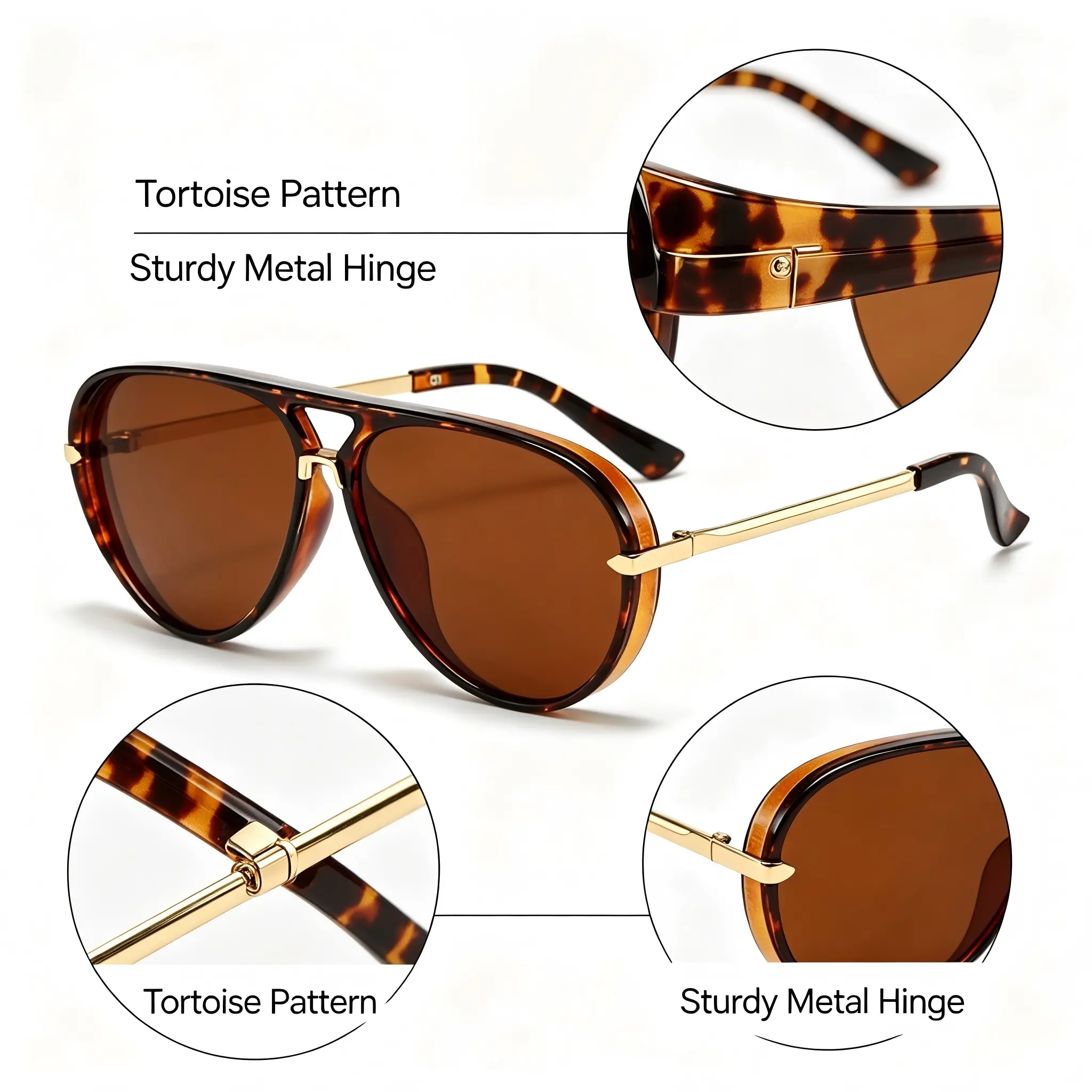 Classic Tortoise Pilot Shades Brown Lens Gold Trim Casual Fashion Eyewear Accessory