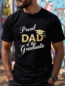 Men' Proud Dad of the Graduate T-Shirt - Glitter Graduation Cap & Diploma Applique, Comfortable Round Neck Short Sleeve, Pure Cotton Relaxed Fit Suitable for Graduation Parties & Fathers Day Gift for high School & College Graduations