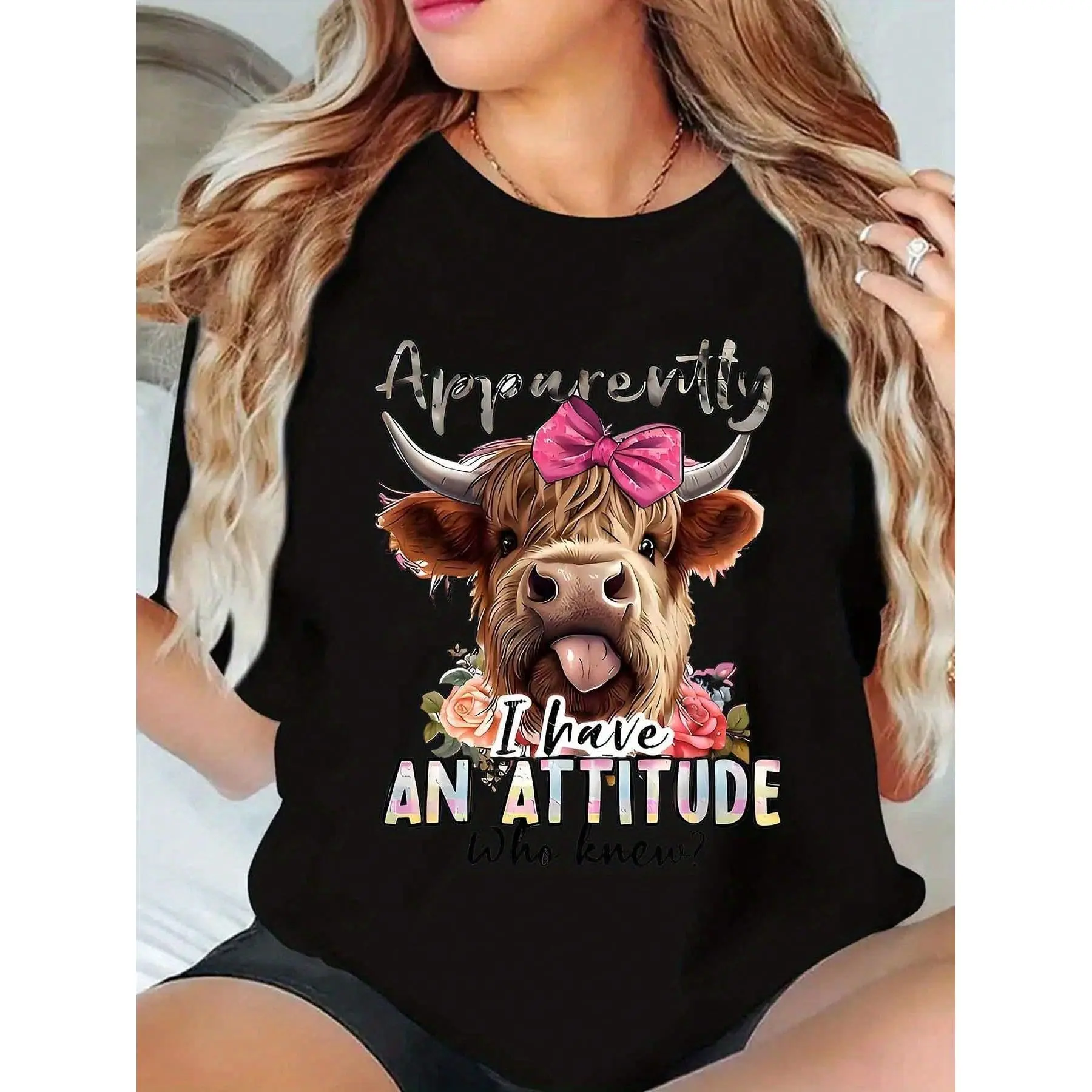 Highland Cow Graphic T-Shirt, Comfortable Crew Neck Short Sleeve Top, For Spring/Summer, Daily Wear | Bold Graphic Tee | Machine Washable Shirt
