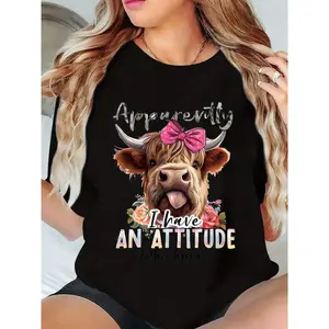 Highland Cow Graphic T-Shirt, Comfortable Crew Neck Short Sleeve Top, For Spring/Summer, Daily Wear | Bold Graphic Tee | Machine Washable Shirt
