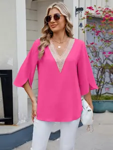 V-Neck Lace Trim Blouse