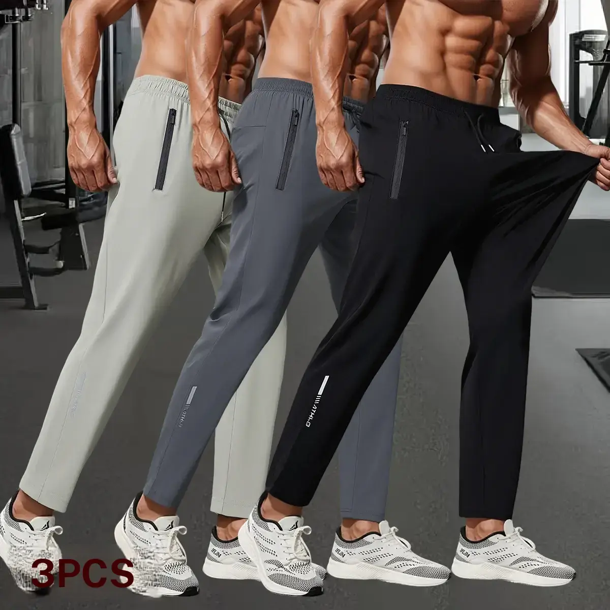 Men's 3-Piece Straight Leg Casual Pocket Joggers - Ice Silky Fiber, Lightweight Performance Joggers, Breathable, Quick-Drying, Loose-Fitting Workout Trousers for Fitness Training, Sporty Activewear, Workout Jogger