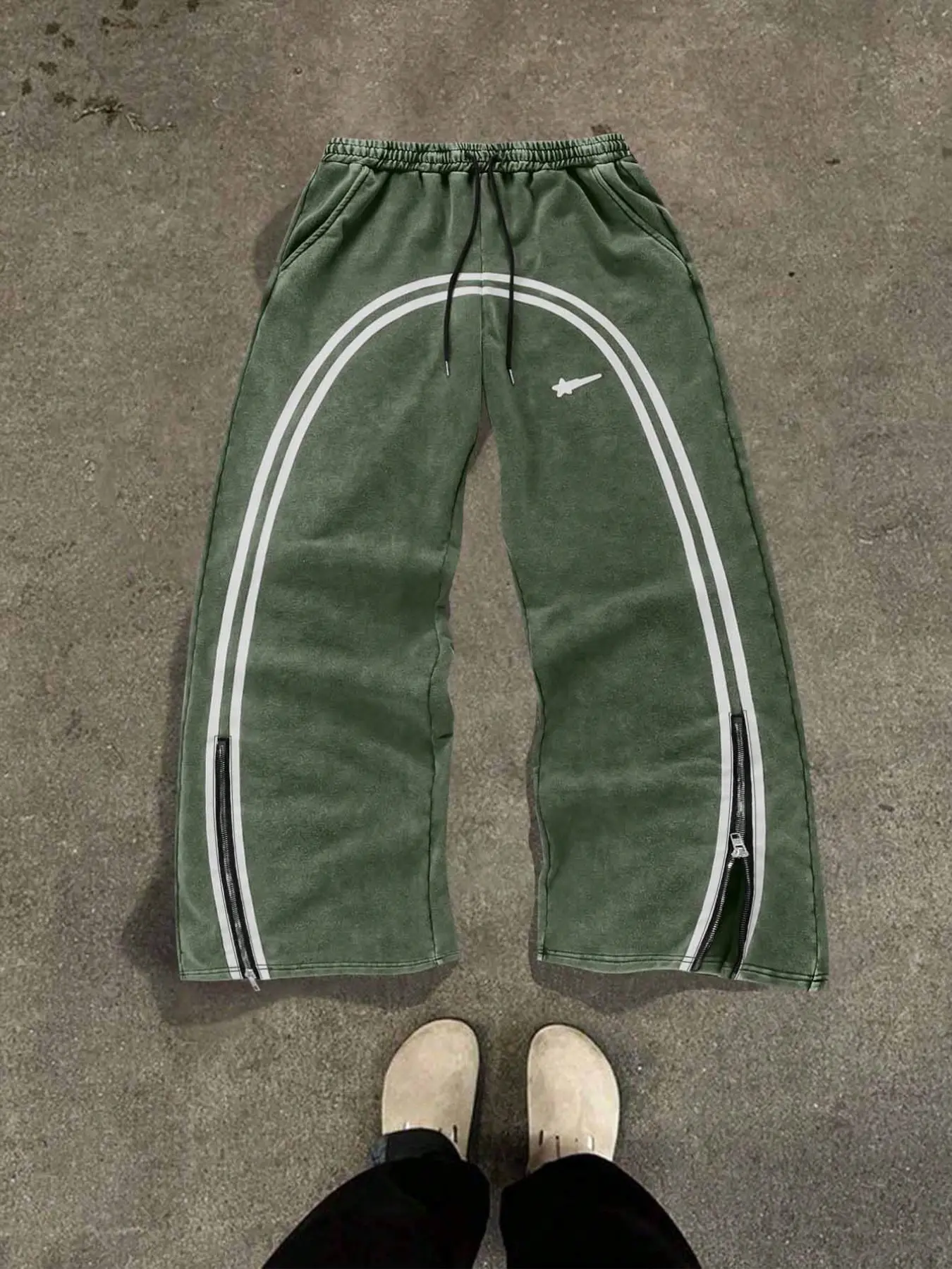 Men's Cotton Patchwork Wide-Leg Trousers, Sweatpants, Fitted Casual Fall Pants with Adjustable Straps, Printed Streetwear Long Jeans