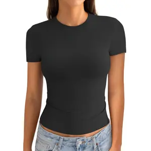 EasyGala Womens Cotton Crew Neck Short Sleeve Shirts Summer Top Fashion Round Neck Crop Tops Basic Going Out Tee Cropped Casual Slim Fitted