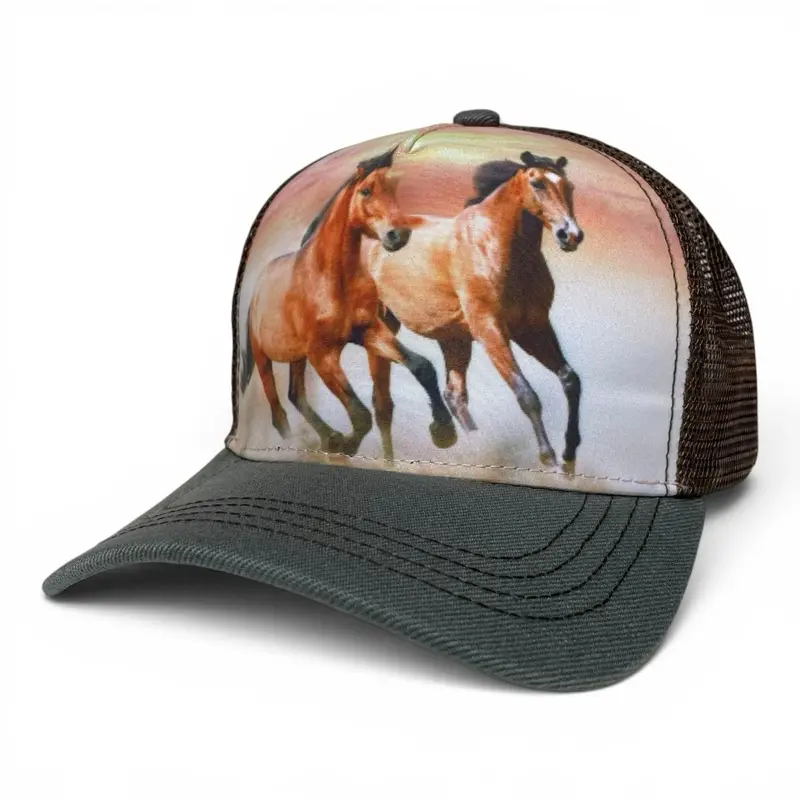 2 Horses Western Bronco Print Snapback Hat - Curved Brim, Mesh Back, Ranch Style Polyester Cap, Rodeo Outfit Inspo, Western OOTD Casual Summer Outdoor Accessory