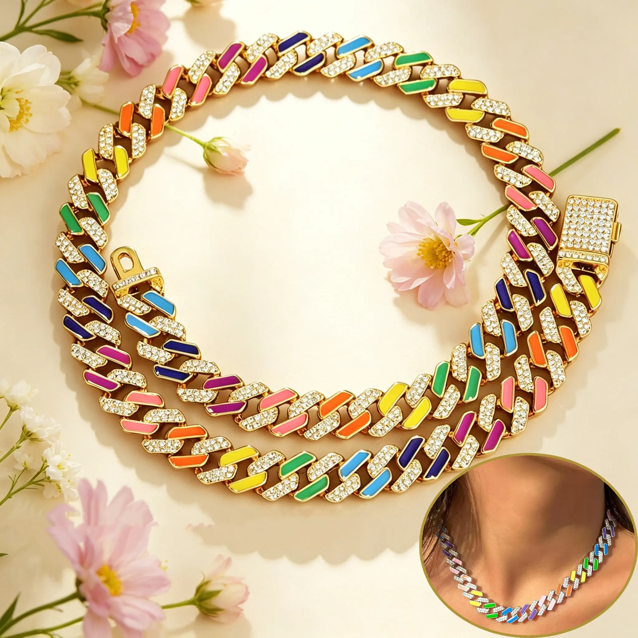 Iced Out Rainbow Enamel Cuban Link Chain Necklace for Men Women 18K Gold Plated Paved Rhinestone Colorful Enamel Curb Chain Choker Hip Hop Bling Diamond Cuban Necklace Jewelry Gift for Rapper Party