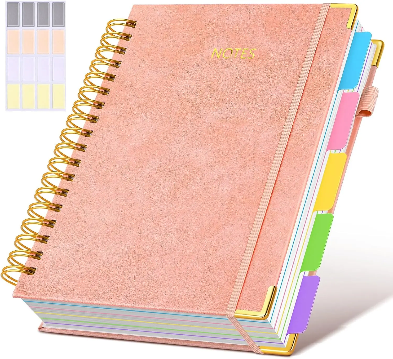 Dilitego Colored Tabs B5 Leather Cover Lay-Flat Hardcover Spiral Notebook Journal, 8"x10" Large, 300 College-Ruled Pages, 5-Subject with Removable Dividers, Women's Pink Office Stationery for Work & School Note-Taking, Colored Tabs Notebooks, Sturdy, 300,