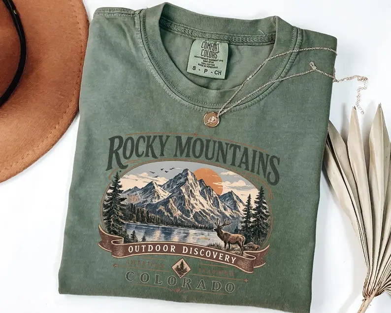 Comfort Colors Vintage Rocky Mountains Colorado T-Shirt, Outdoor Discovery Graphic Tee, 90s Mountain Hiking Shirt,Ivory Nature Top