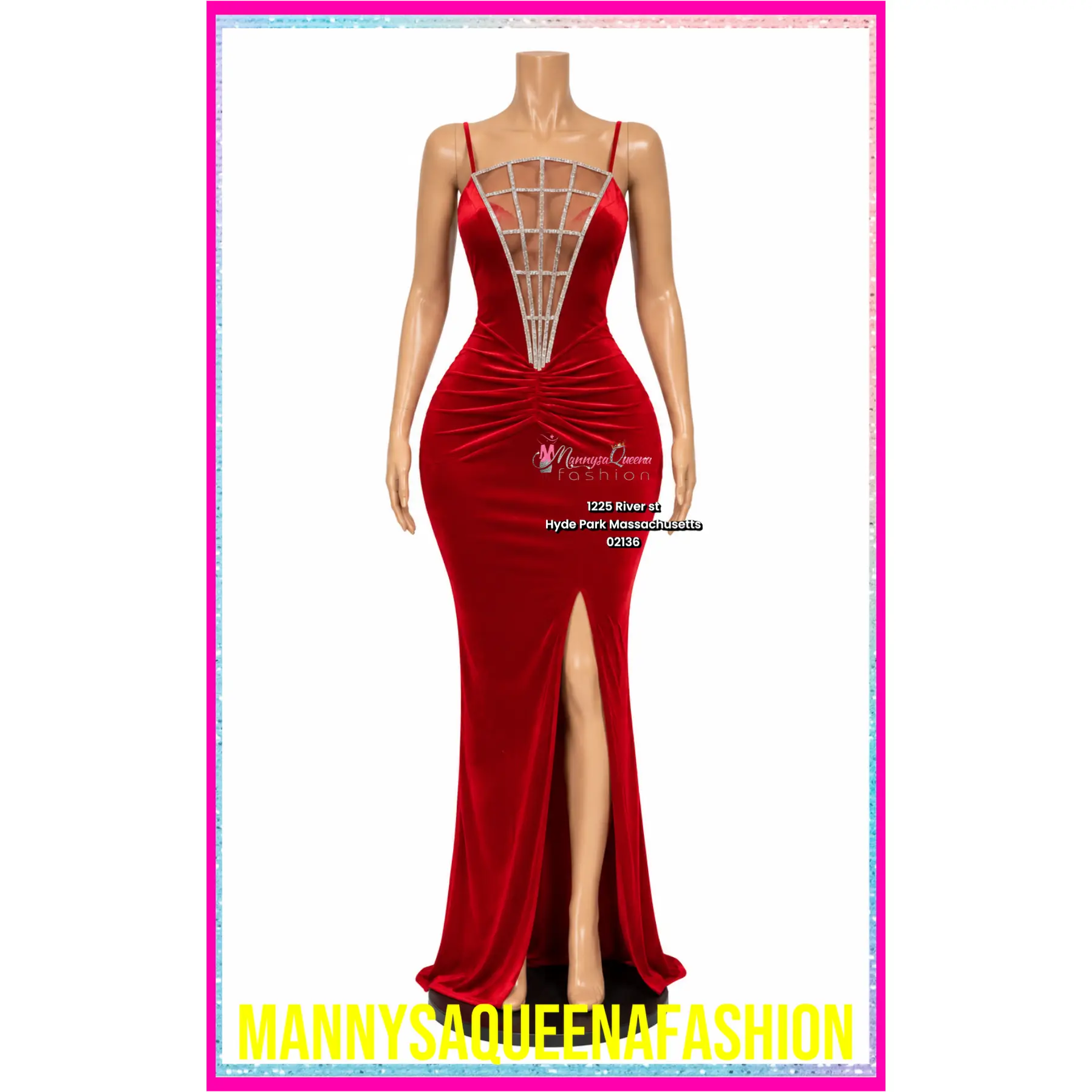 Red Glam Rhinestone Illusion Maxi Dress