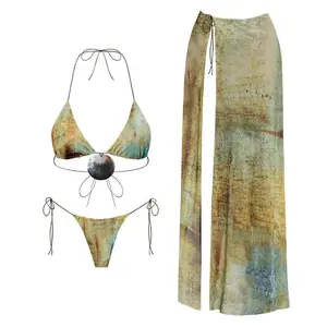 3Pc Shell Bikini Sexy Women Swimsuit With Long Skirt Mirco Swimwear High Cut Biquini Female Bathingsuit Print Bodysuit Beachwear