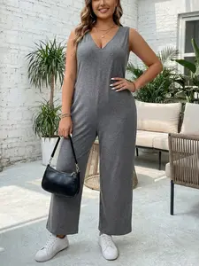 Plus Size V Neck Wide Leg Jumpsuit, Sleeveless Hooded Pocket Design, Comfortable Loose Fit Outdoor Womenswear Women's Clothing, Casual Everyday Daily Wear