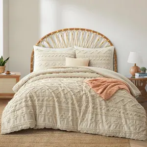 Beige  Comforter Set Tufted Bedding Set  3 count, Boho Shabby Chic Comforter with 2 Pillowcases (Beige,)