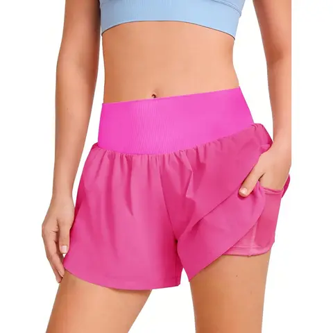 Haloumoning Girls' High Waist 2-in-1 Quick-Dry Lightweight Athletic Shorts - Elastic Waistband, Pocket-Ready Fit, Breathable Activewear, Machine Washable Bottoms for Running